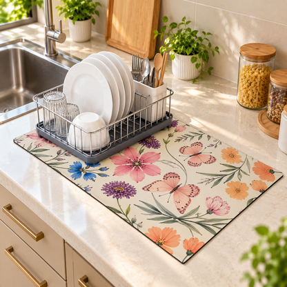 Butterfly Floral Door Mat beneath a dish drying rack