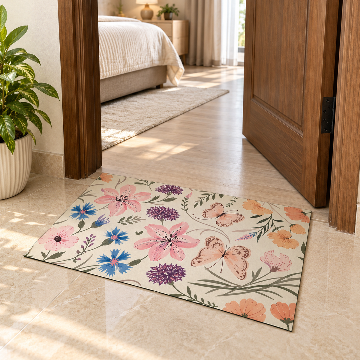 Butterfly Floral Door Mat at a bedroom doorway