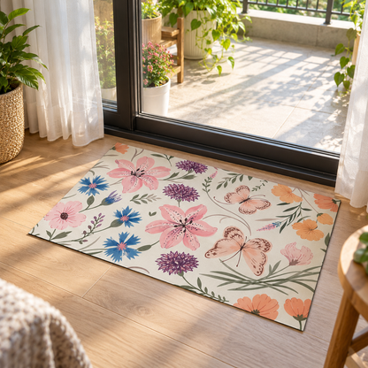 Butterfly Floral Door Mat by a balcony door