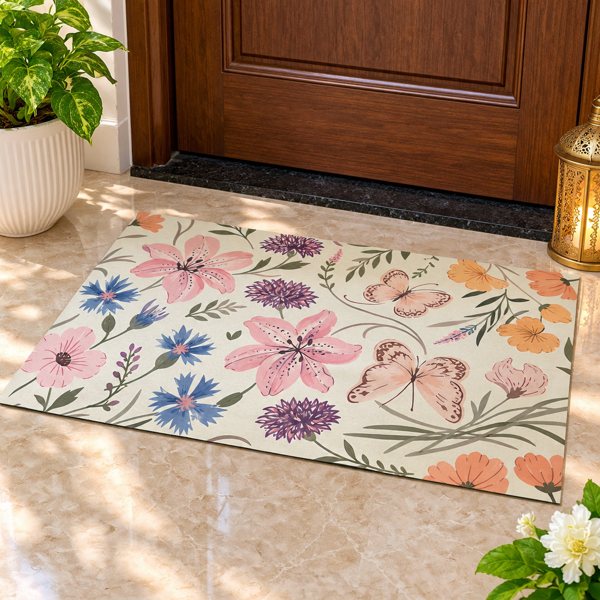 Butterfly Floral Door Mat at a front door