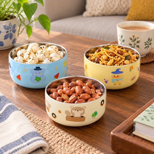 Cartoon bowls serving Indian snacks with chai