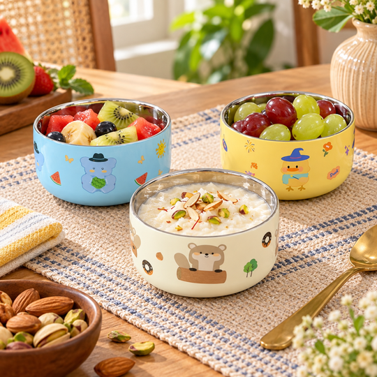 Cartoon bowls used for fruit and kheer