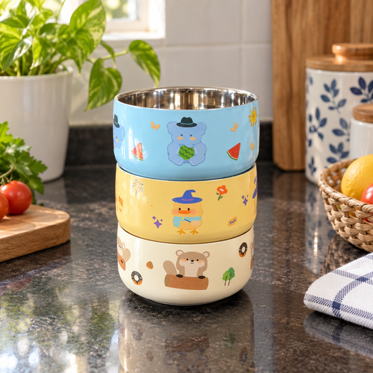 Three cartoon bowls stacked neatly