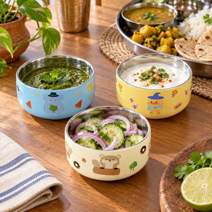 Cartoon bowls serving Indian meal accompaniments