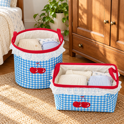 Cherry gingham clothes storage basket set with folded clothes