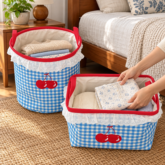 Clothes arranged inside cherry gingham organizer baskets