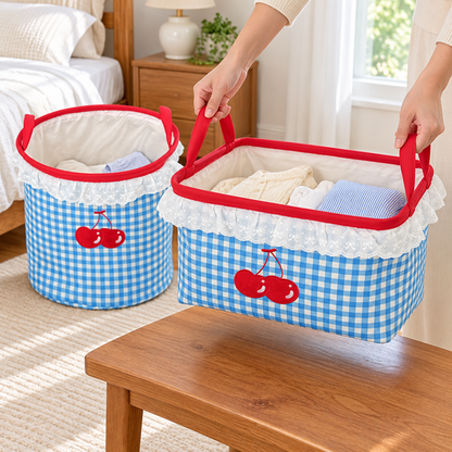 Rectangular cherry gingham basket carried by red handles