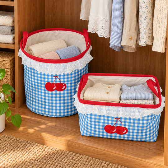 Cherry gingham storage baskets near wardrobe shelves