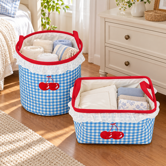 Cherry gingham baskets organizing folded towels and linens