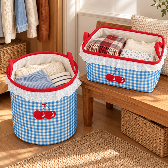 Cherry gingham clothes storage baskets in a guest room
