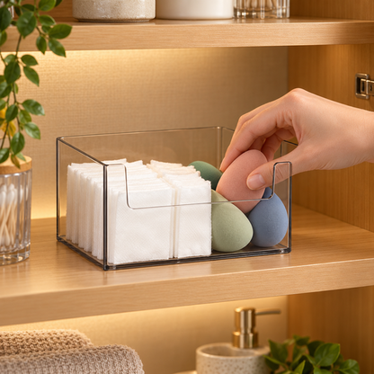 Cotton pads and makeup sponges organized in ClearView Cabinet Organizer