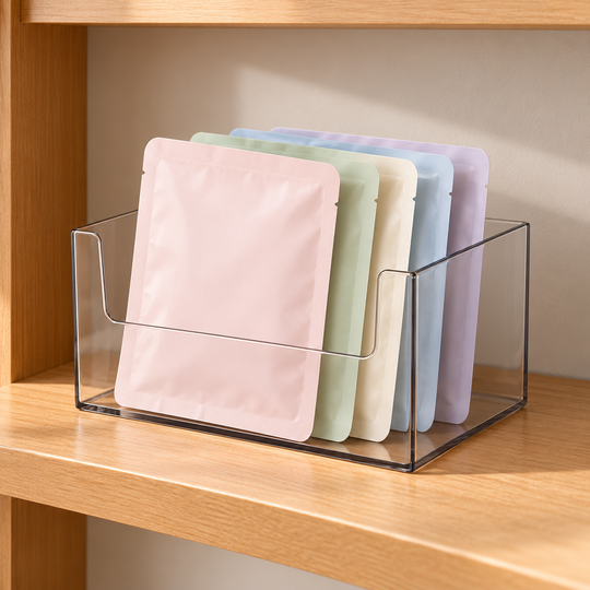 Sheet mask packets stored upright in ClearView Cabinet Organizer