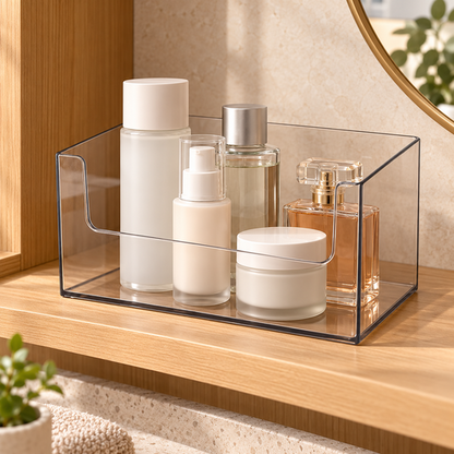 Skincare bottles organized in ClearView Cabinet Organizer
