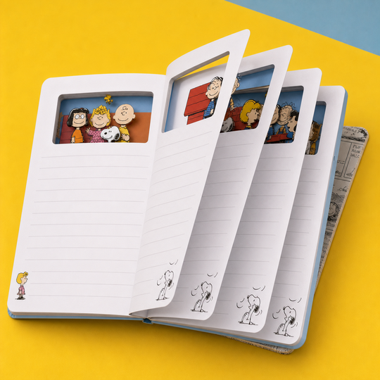 Fanned pages of the Comic Peek Notebook showing dimensional layers