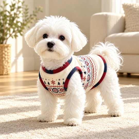 Small dog wearing Cozy Winter pet cloth indoors