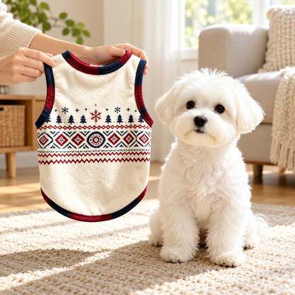 Cozy Winter pet cloth shown beside a small dog