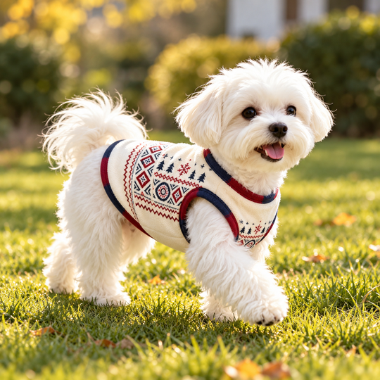 Small dog wearing Cozy Winter pet cloth outdoors