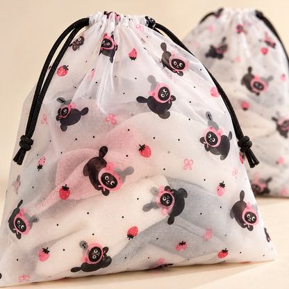 Close view of CozyNest translucent printed drawstring bag