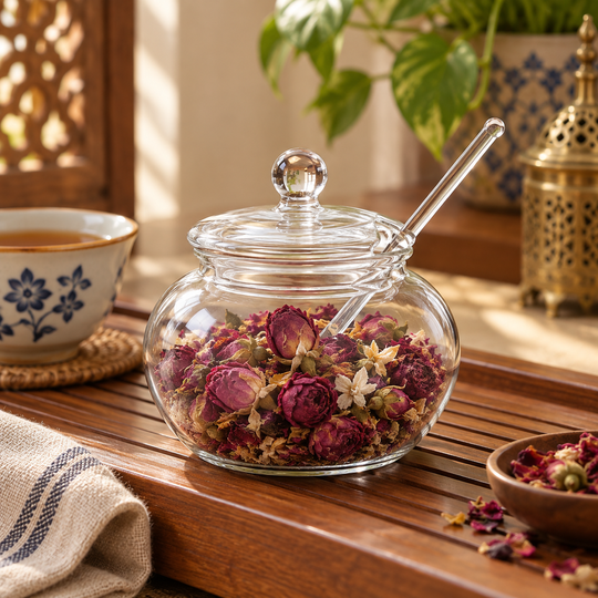 Crystal Scoop Glass Jar for tea botanicals