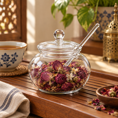 Crystal Scoop Glass Jar for tea botanicals