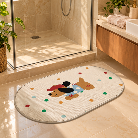 Cute Dog Oval Floor Mat in warm bathroom