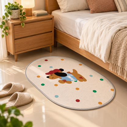 Cute Dog Oval Floor Mat beside bed