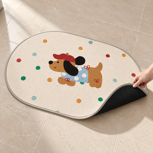 Cute Dog Oval Floor Mat flexible corner and black underside