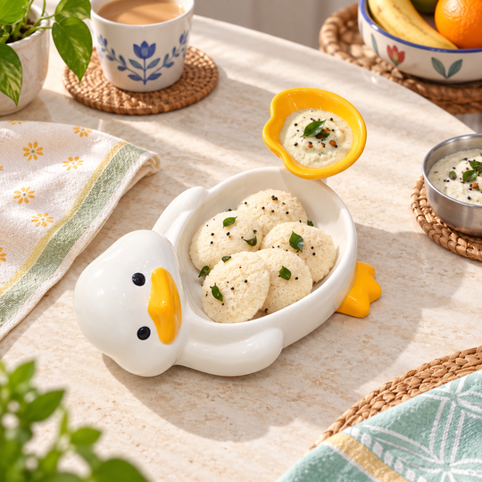 Duck snack plate with mini idli and coconut chutney