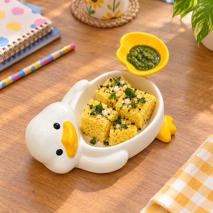 Duck snack plate with dhokla and green chutney