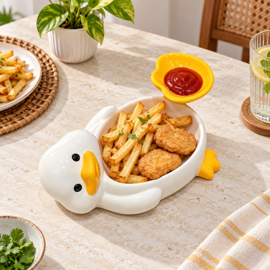 Duck snack plate with fries nuggets and ketchup