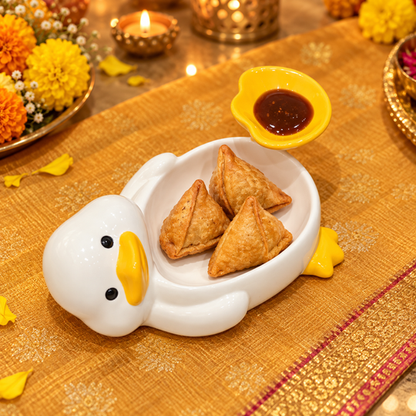 Duck snack plate with mini samosas and tamarind chutney