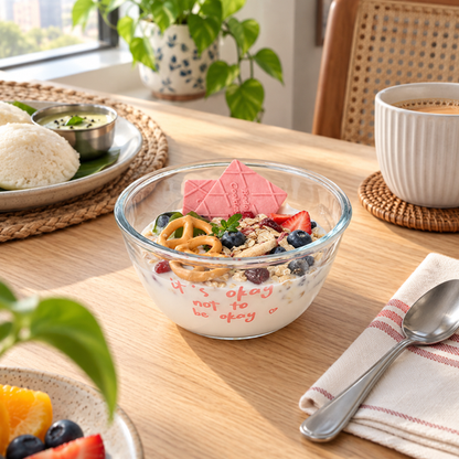 Cute Quote Glass Snack Bowl served with cereal and fruit