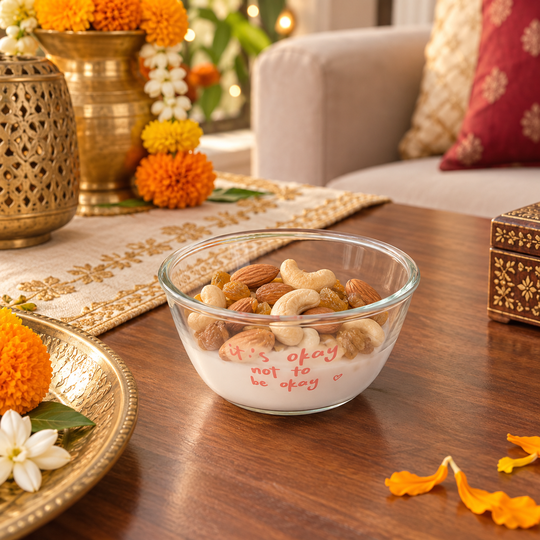 Cute Quote Glass Snack Bowl used for festive dry fruits