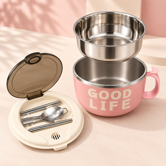 Pink meal bowl with removable inner bowl and utensil lid