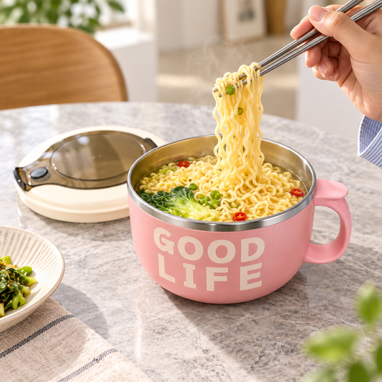 Pink meal bowl used for noodles