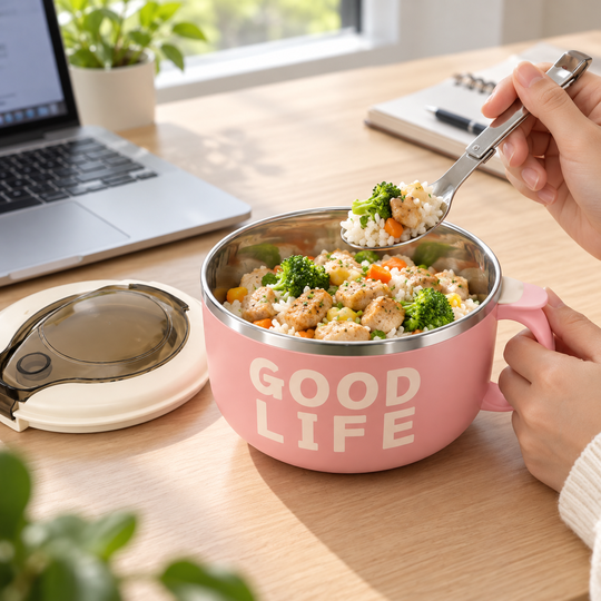 Pink meal bowl used for an office lunch