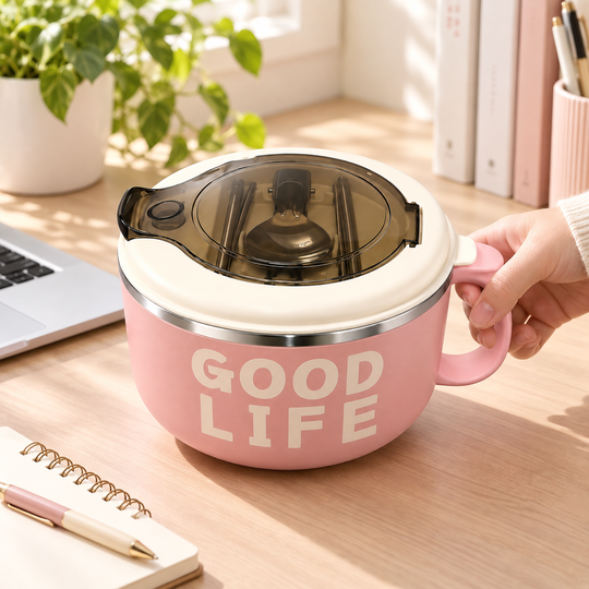 Handled pink meal bowl placed on a desk