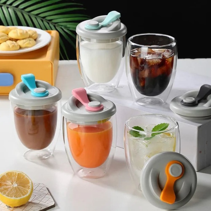Double Layer Glass Cup With Lid