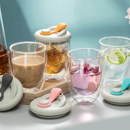Double Layer Glass Cup With Lid