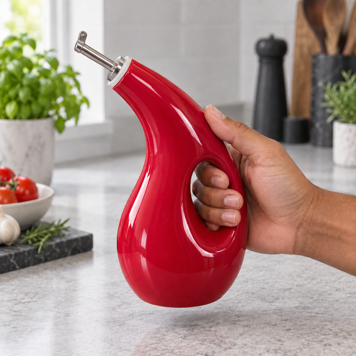 ElegancePour Oil Dispenser – Hand holding the integrated grip