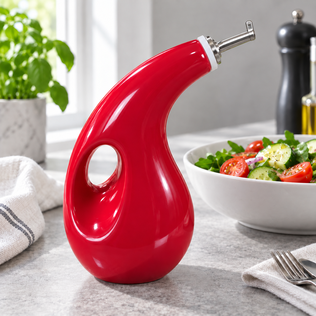 ElegancePour Oil Dispenser – Oil dispenser beside a salad at the table