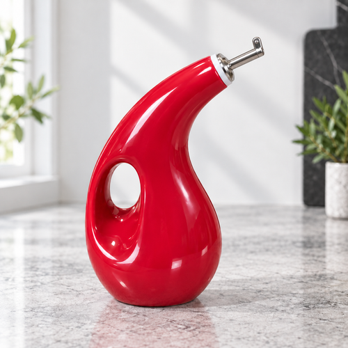 ElegancePour Oil Dispenser – red sculpted bottle with integrated grip and metal spout