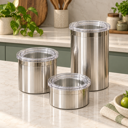 Elegant Pantry Containers — clear lids and reflective silver finish