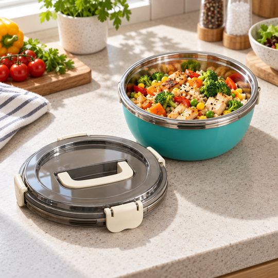 Teal Everyday Snap Lid Bowl open with lunch