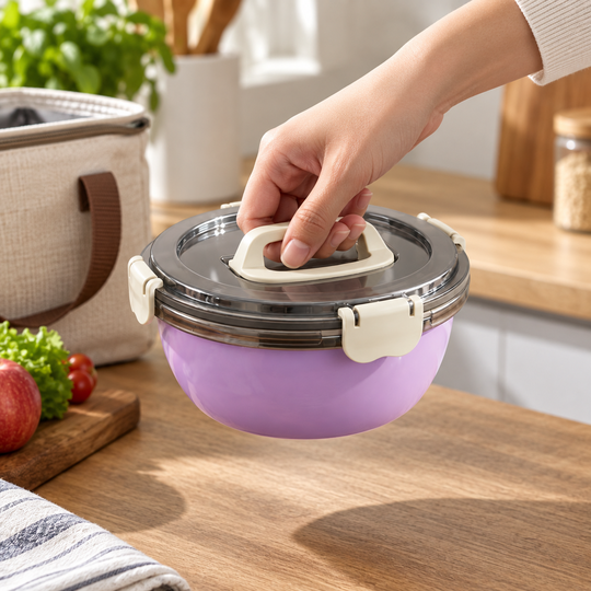 Lilac Everyday Snap Lid Bowl carried by lid handle