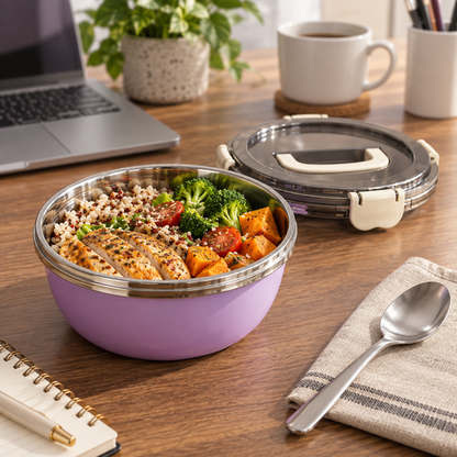 Lilac Everyday Snap Lid Bowl at an office lunch setting