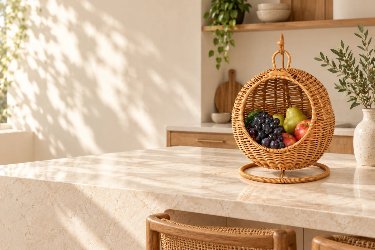 Handwoven hanging fruit basket in a sunlit kitchen
