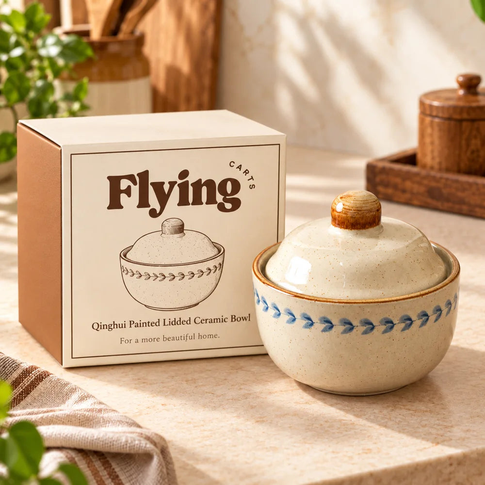 Blue Leaf Ceramic Bowl With Lid in FlyingCarts packaging