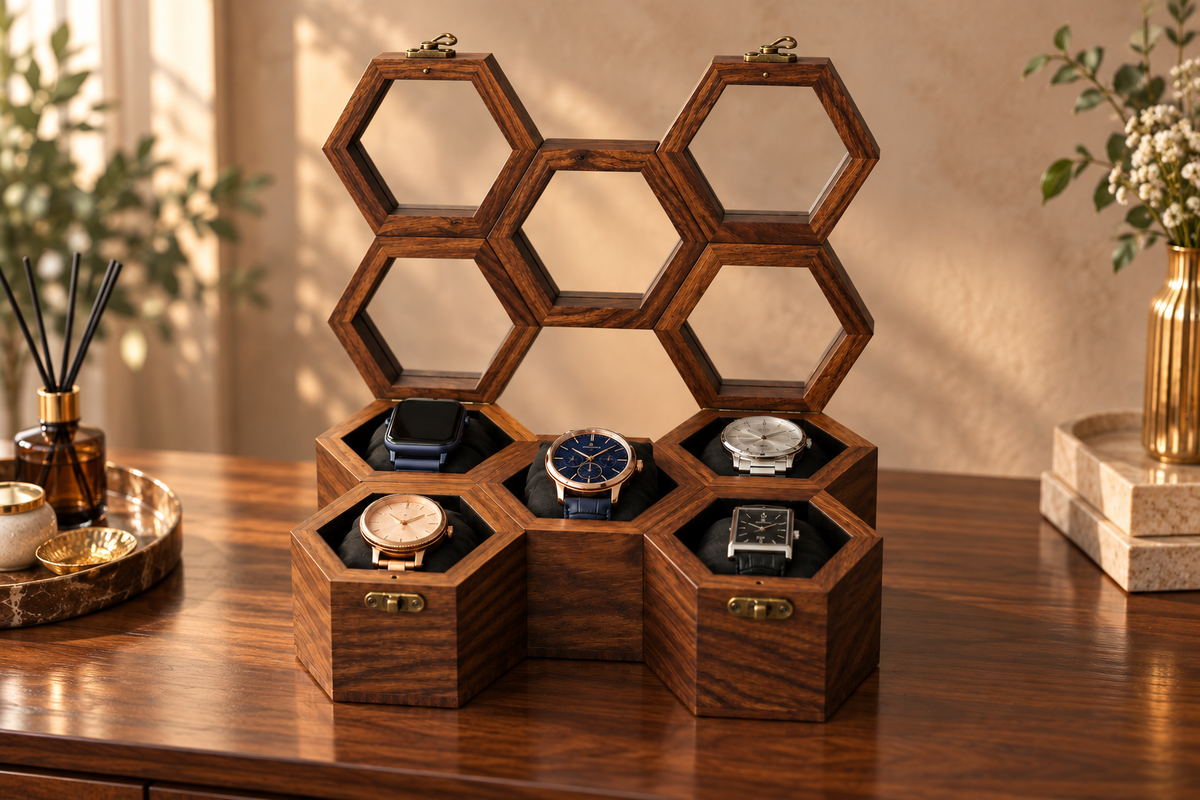 Wooden hexagon watch box with five treasured watches