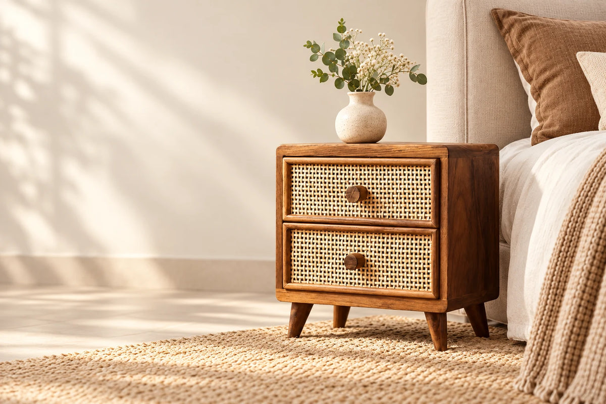 Vintage rattan drawer unit beside a softly dressed bed